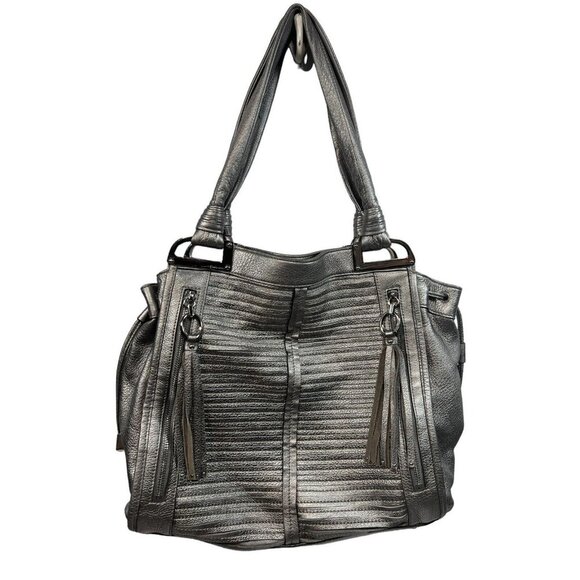 B. Makowsky Gunmetal Metallic Leather Zipper Tassels Tote Shoulder Bag $298 - Picture 1 of 7